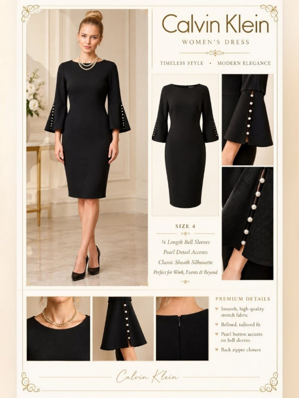 Calvin Klein Size 4 Black Sheath Dress ¾ Bell Sleeves With Pearl Details On Bell